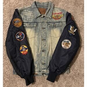 Top Gun Men's Blue Navy Embroidered Patch Logo Button Bomber Jacket 2X